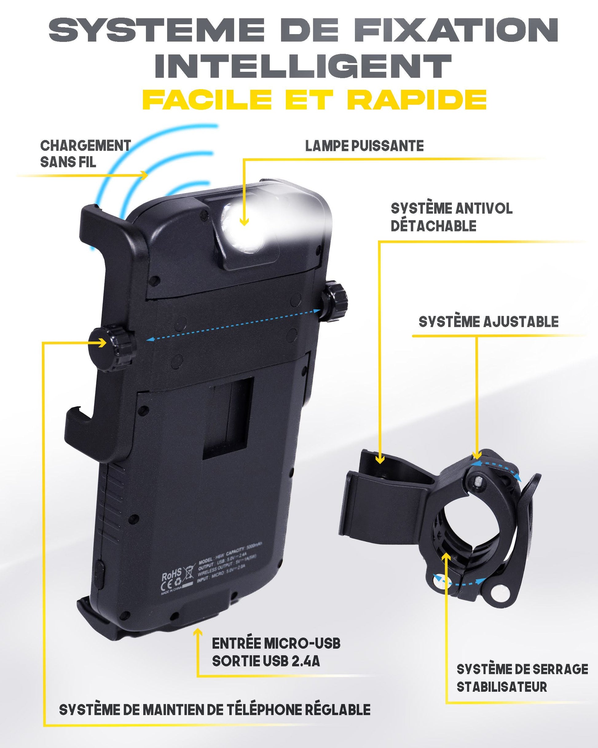 Cyclotron 5'000 mAh - Support de téléphone pour vélo et moto
